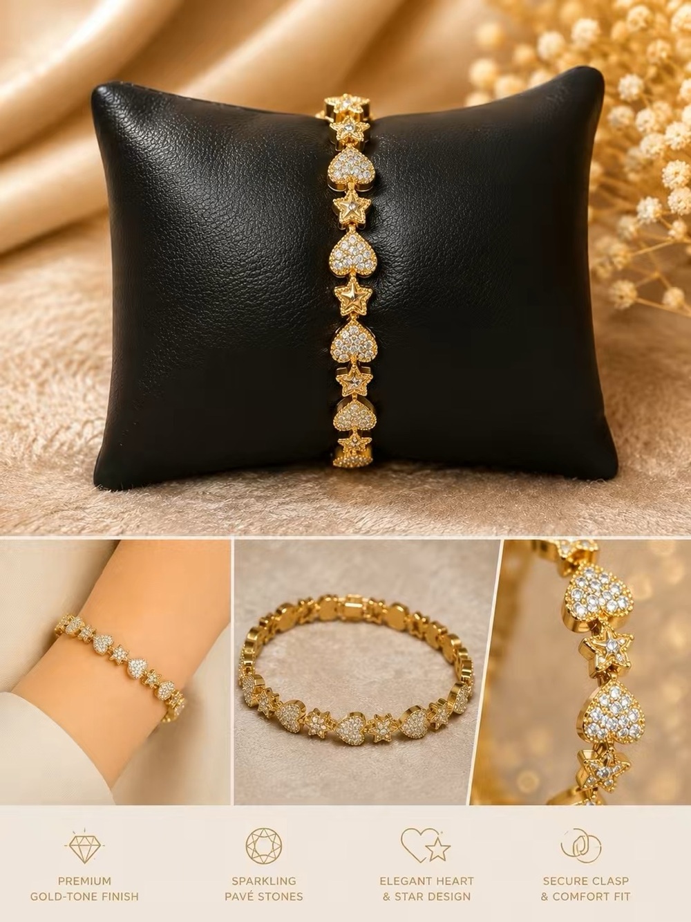 Gold Heart & Star Pave Bracelet - Women's Jewelry